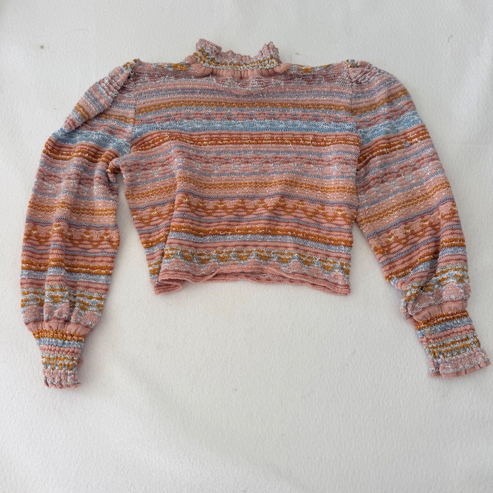 Anthropologie Cecilia Prado Pink Striped Metallic Knit Puff Sleeve Sweater XL - Picture 7 of 9